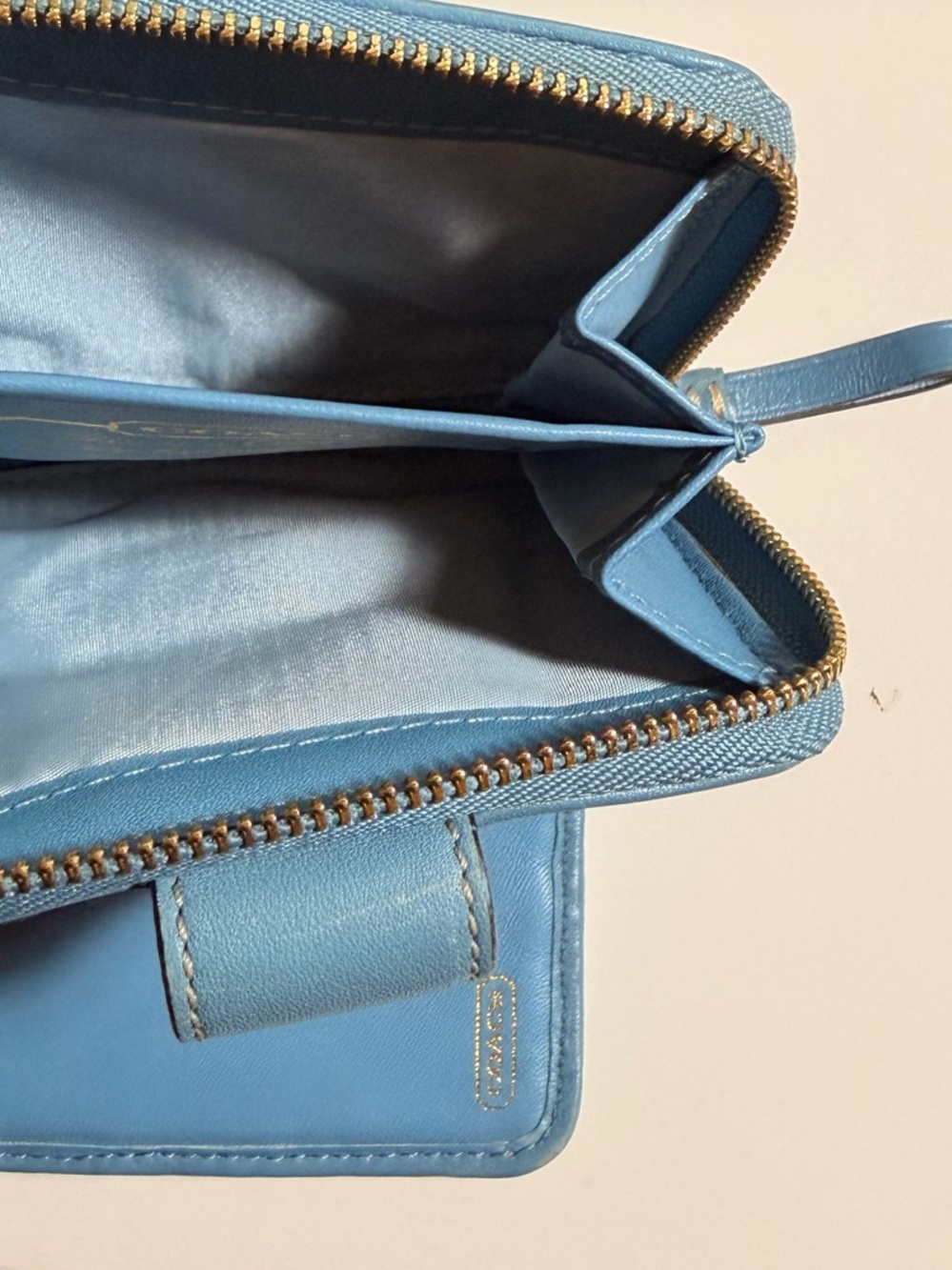 Coach Khaki Signature Blue Strim Leather Zip-Around Credit Card Wallet - Picture 13 of 13